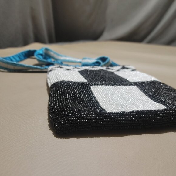 India Handcrafted Christiana Bead Crossbody Bag Black White Geometric Pattern Bl - Picture 14 of 14